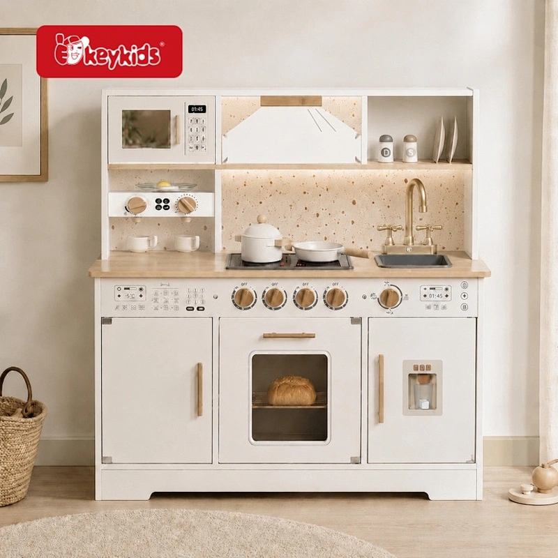 Wooden Kids Play Kitchen Set with Microwave, Stove, Oven and Water Dispenser, White and Natural Wood Cooking Play Set W10K141